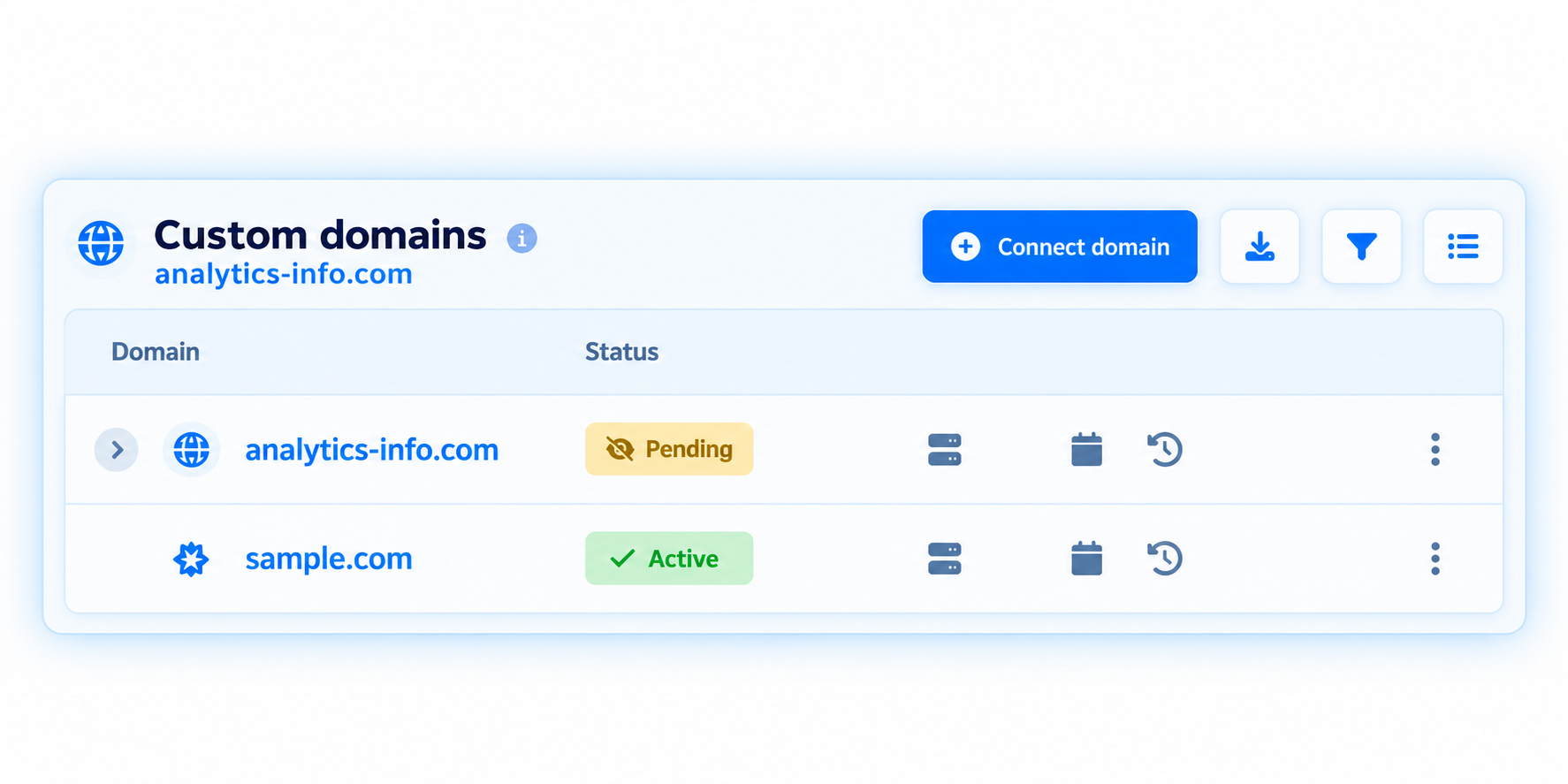 Screenshot of the app custom domains page